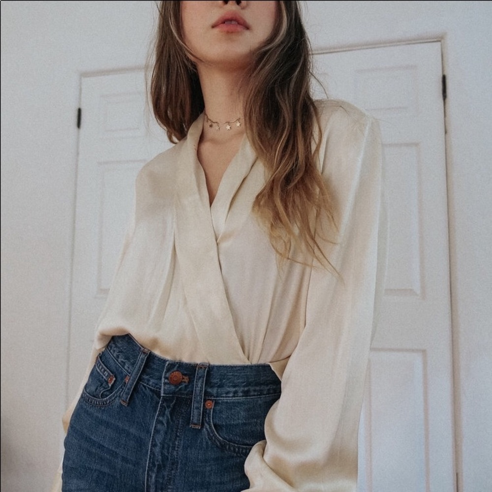 100% silk wrap button down top
